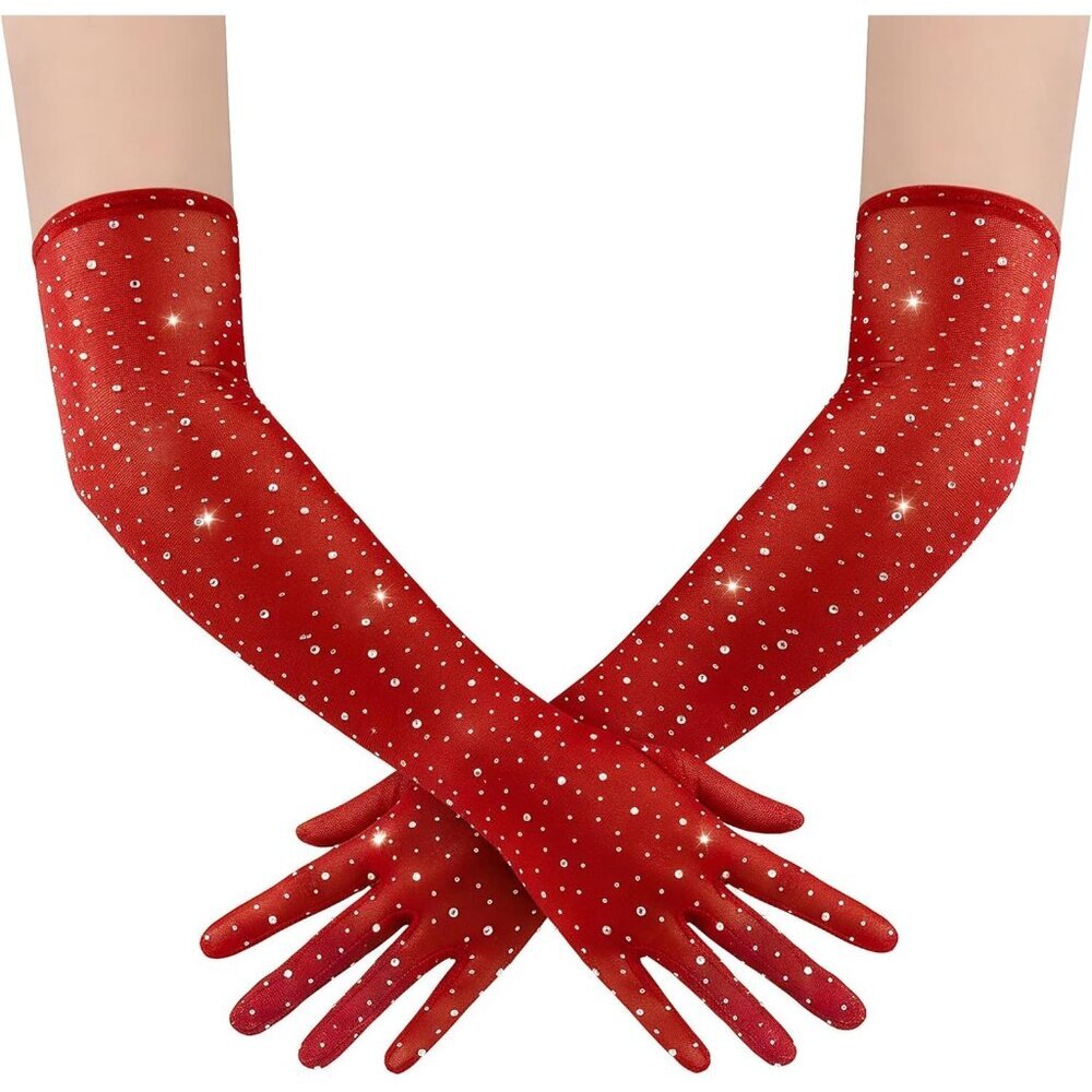 Women's Rhinestone Red Sparkly Elbow Length Mesh Long Gloves Party Accessory